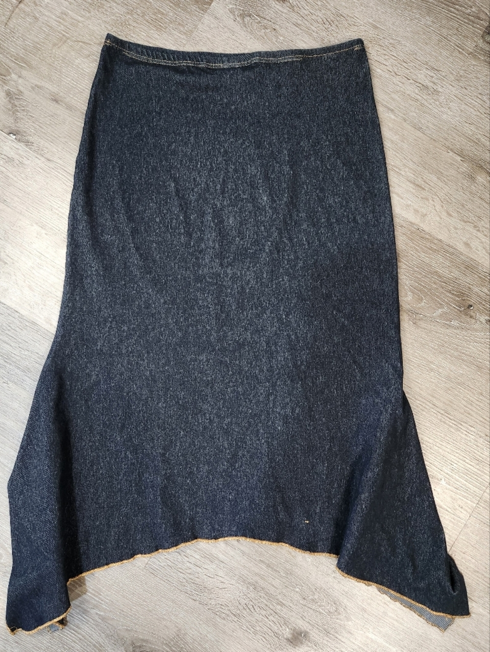 90s Rave Stretchy Denim-look Handkerchief Hem Midi Skirt Size XS